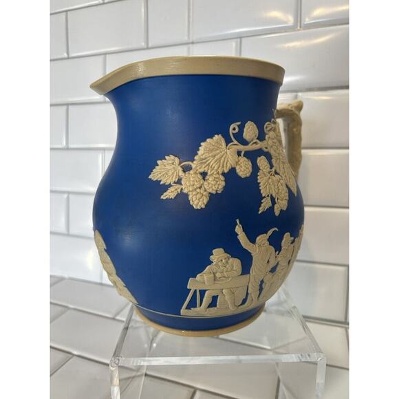 ANTIQUE COPELAND SPODE JASPER WARE ALE/BEER PITCHER w/ PUB SCENES & HOPS c1910 - Picture 7 of 16